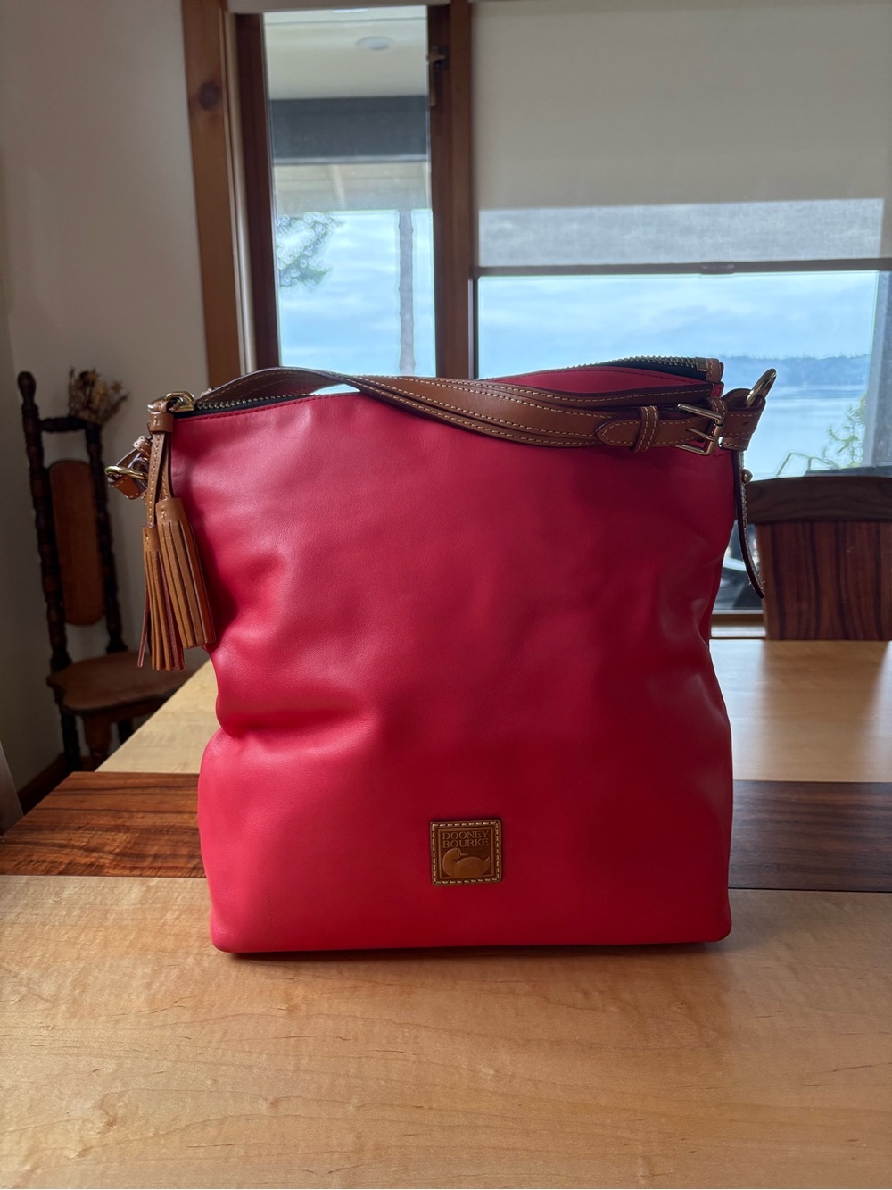 Dooney & Bourke Red Leather Shoulder McKenzie Hobo with Tan Trim, Like New